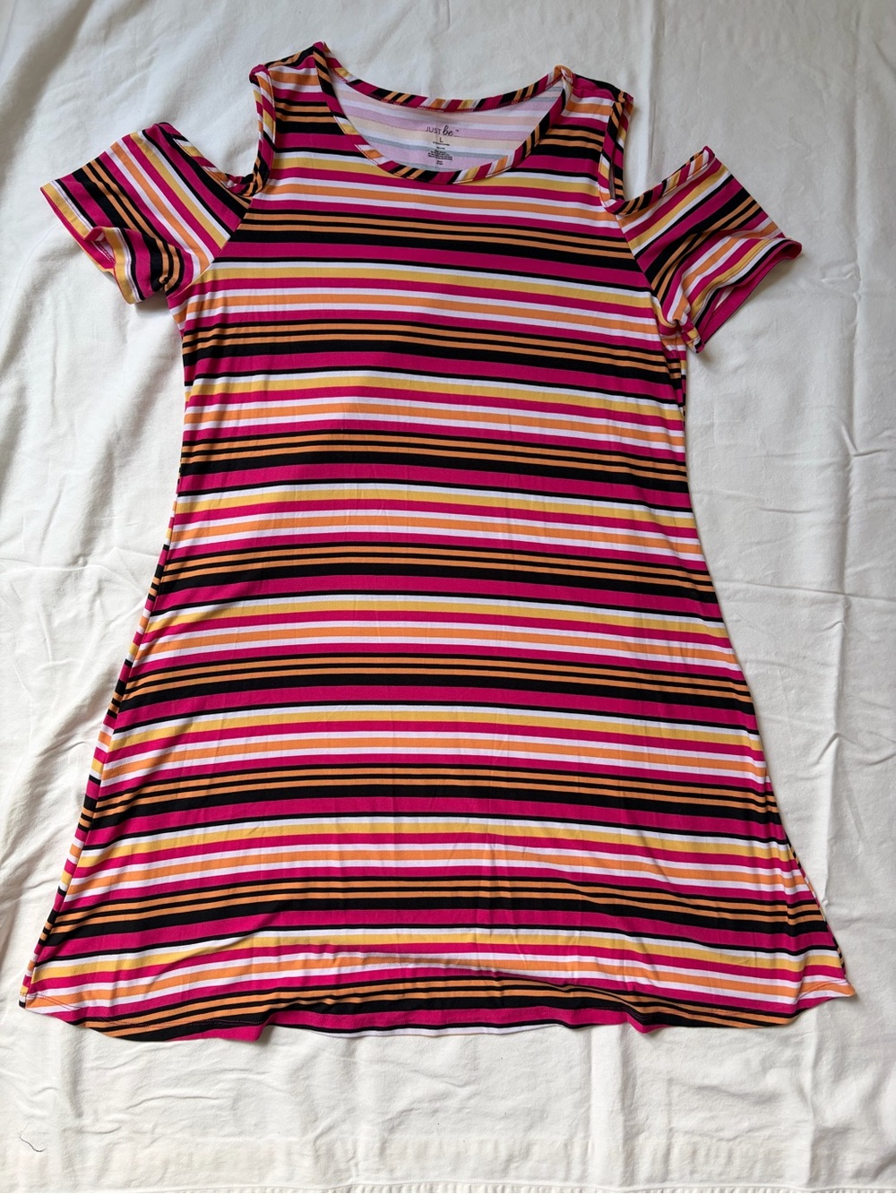 just be Pink, Black & Gold Striped Cold-Shoulder Casual Dress